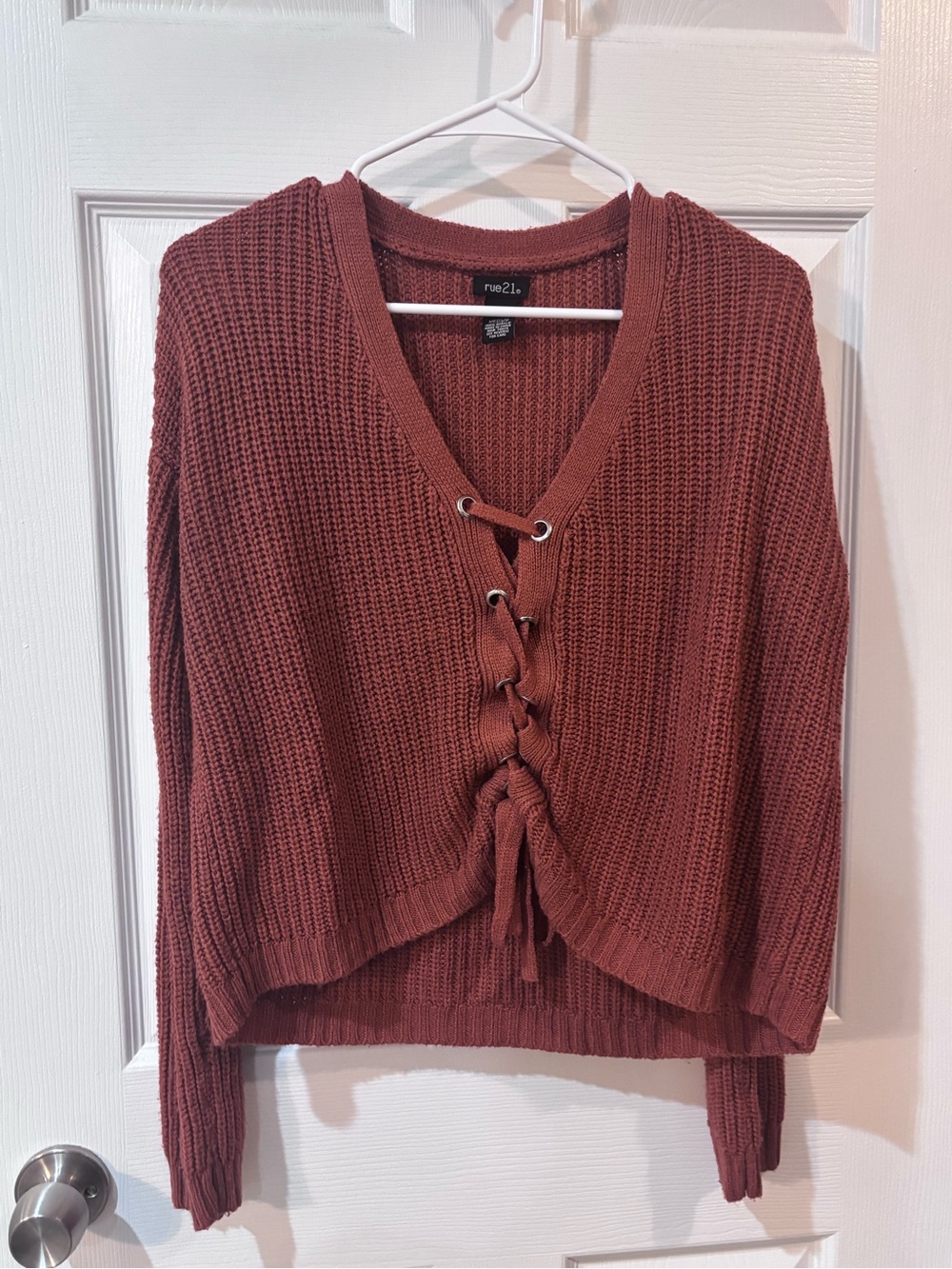 Rue21 Women's Lace-Up V-Neck Knit Sweater - Rust Brown